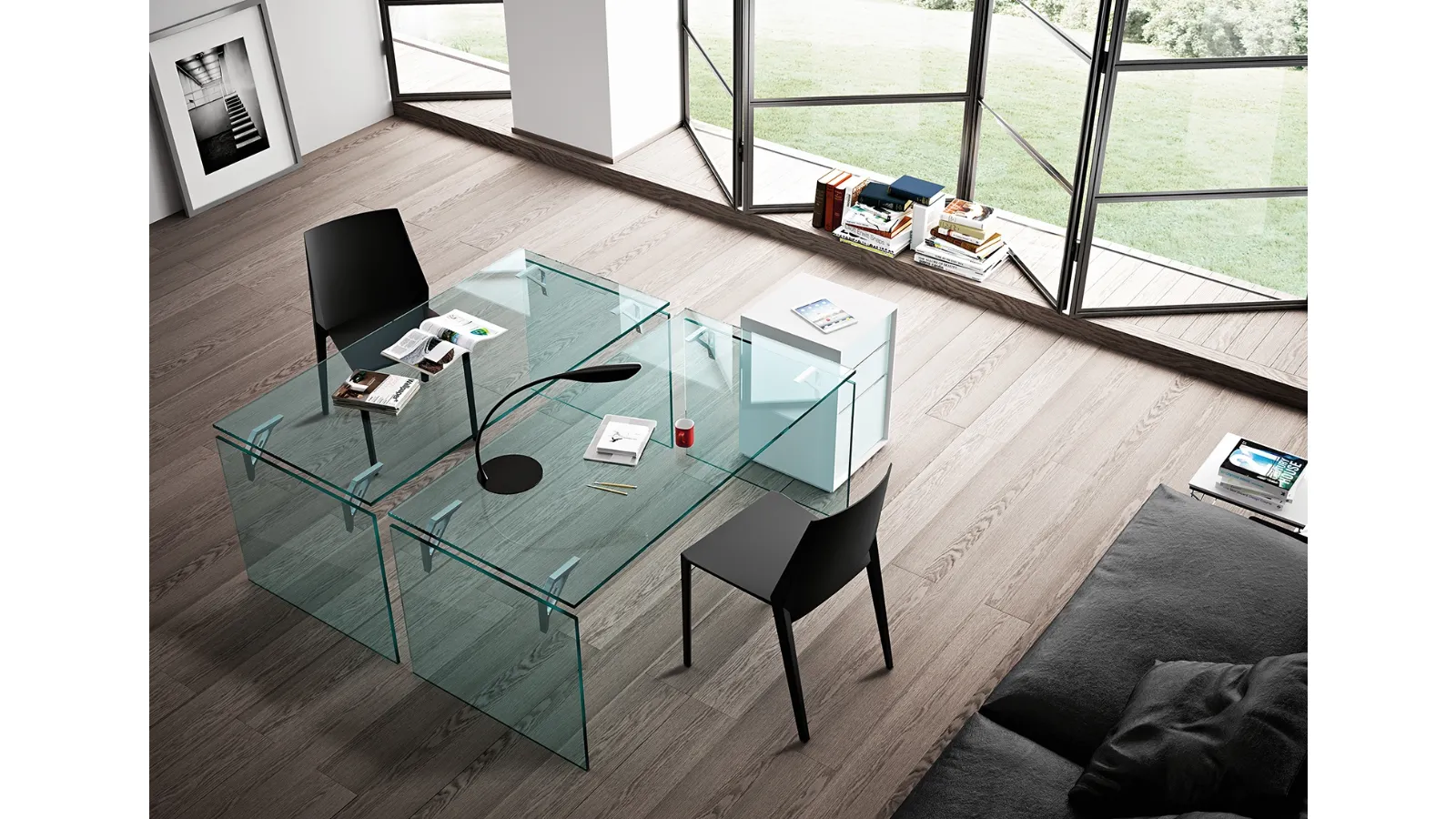 Tempered glass office desk with aluminum and steel mounting supports by Fiam Bright