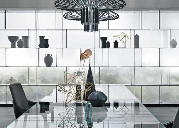 Inori Office Bookshelf in Glass with Wooden Base by Fiam