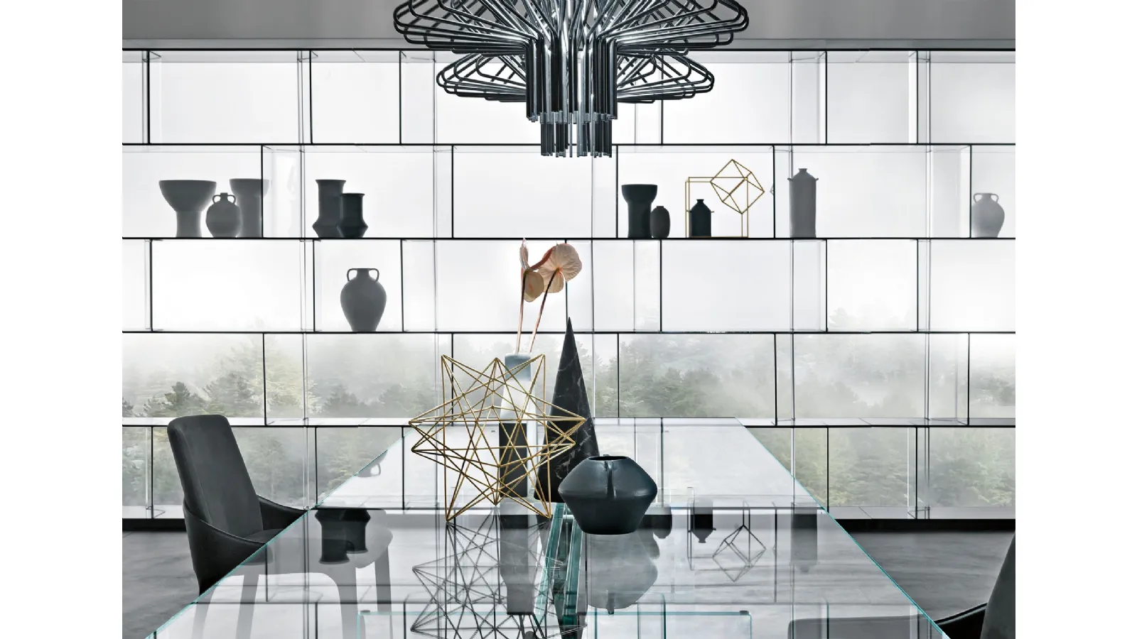 Inori Office Bookshelf in Glass with Wooden Base by Fiam