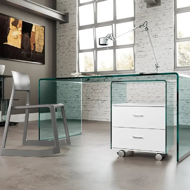 Rialto Office Chest of Drawers in Transparent Curved Glass with Lacquered White Wood Drawers