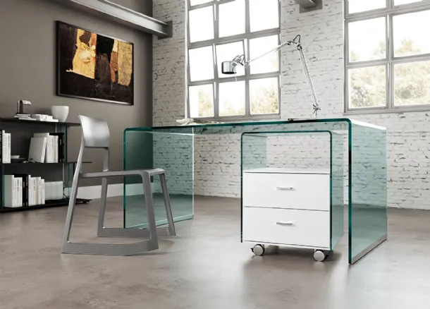 Rialto Office Chest of Drawers in Transparent Curved Glass with Lacquered White Wood Drawers