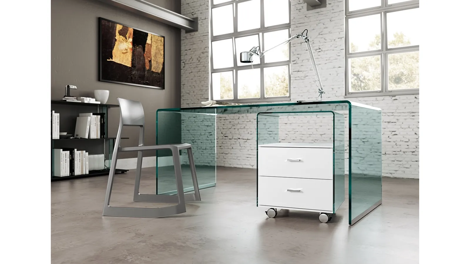 Rialto Office Chest of Drawers in Transparent Curved Glass with Lacquered White Wood Drawers