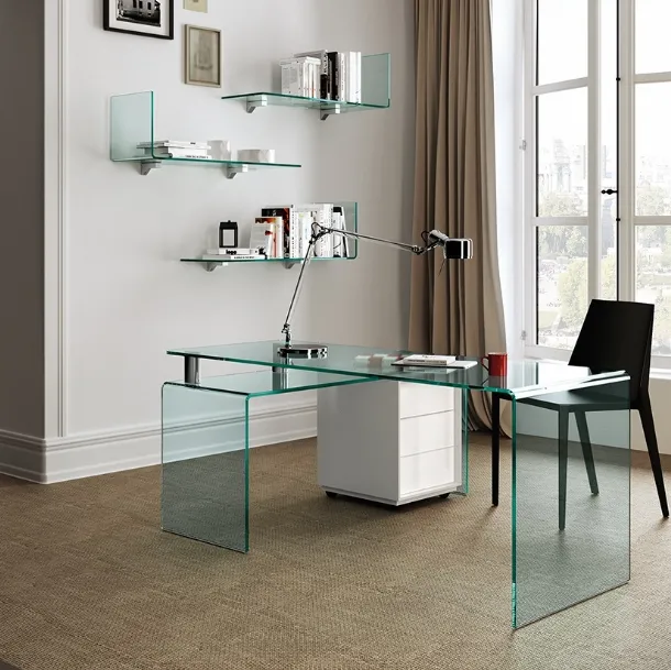 Operative Desk consisting of a main worktop and a curved transparent glass service shelf Rialto island of Fiam
