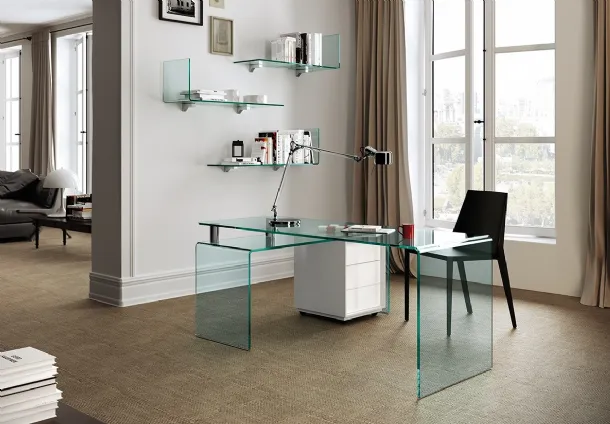 Operative Desk consisting of a main worktop and a curved transparent glass service shelf Rialto island of Fiam