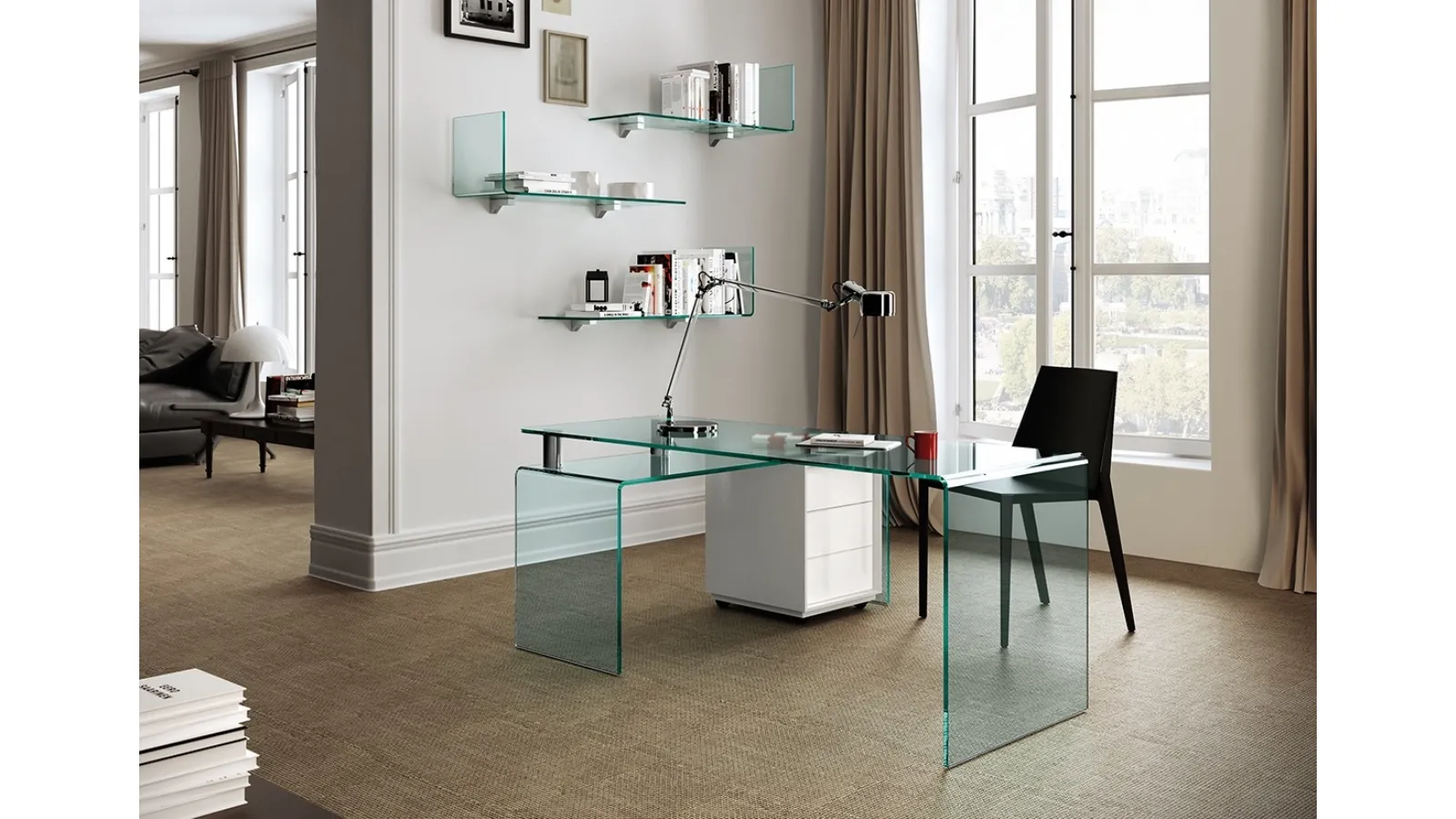 Operative Desk consisting of a main worktop and a curved transparent glass service shelf Rialto island of Fiam