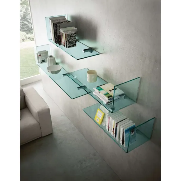 Rialto L bookcase made up of customizable transparent glass shelves by Fiam