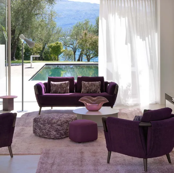 Linear sofa in amethyst-colored fabric and curved solid wood structure Gaudì by Flou
