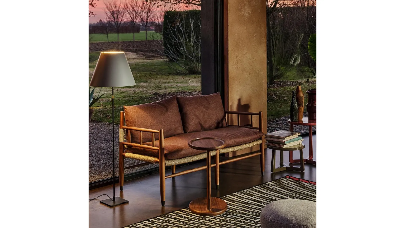 Solid wood and river reed sofa with Lee upholstered fabric seat by Flexform