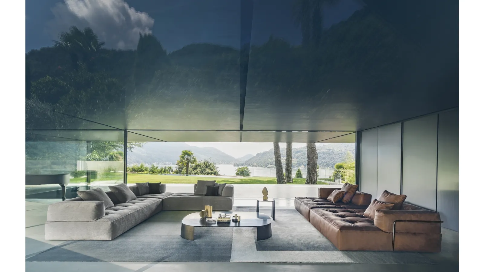 Melvil corner sofa in fabric and linear leather sofa by Desirèe