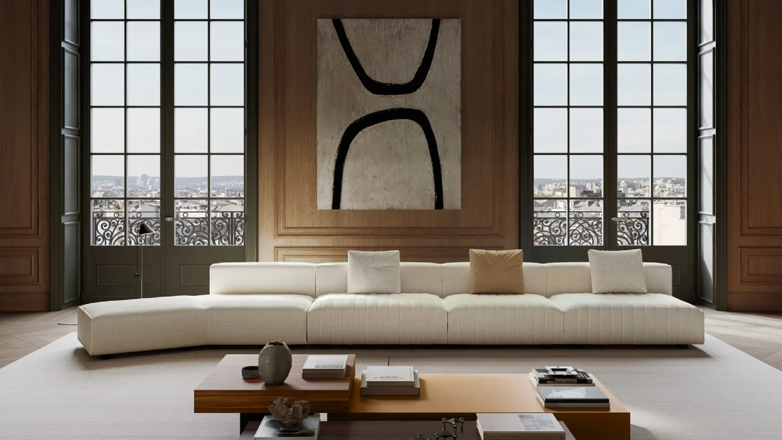 Modular linear sofa in upholstered fabric with a wide and comfortable seat, Niveaux by Lema