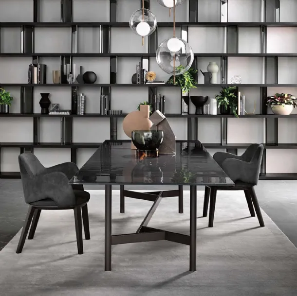 Agos Table with back-painted glass top and metal base in Lava Grey finish by Fiam