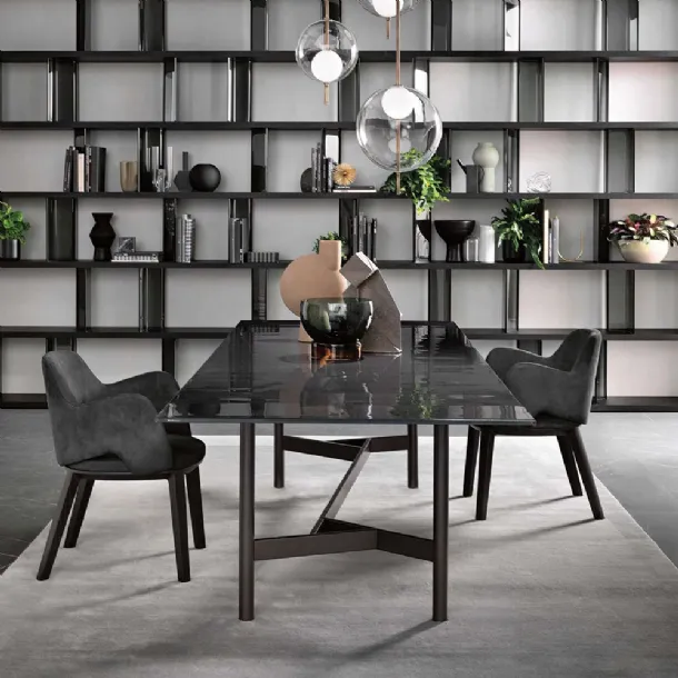 Agos Table with back-painted glass top and metal base in Lava Grey finish by Fiam
