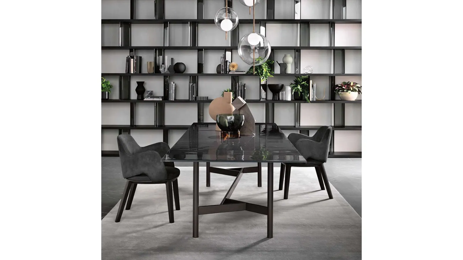 Agos Table with back-painted glass top and metal base in Lava Grey finish by Fiam