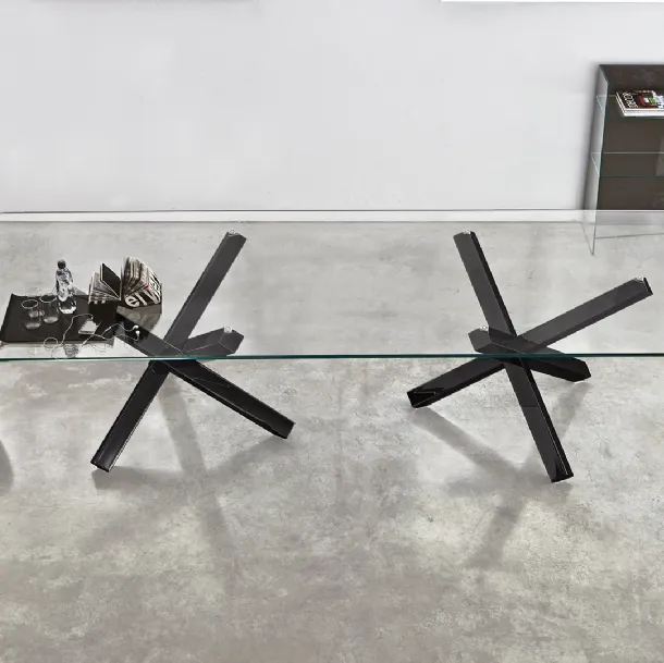 Aikido Table with two bases, glass top and polished chrome metal structure by Sovet