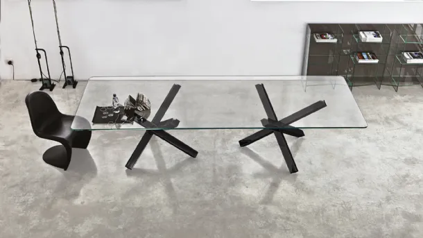 Aikido Table with two bases, glass top and polished chrome metal structure by Sovet