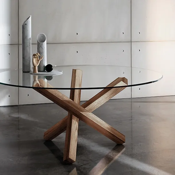 Round glass table with Aikido wooden base by Sovet