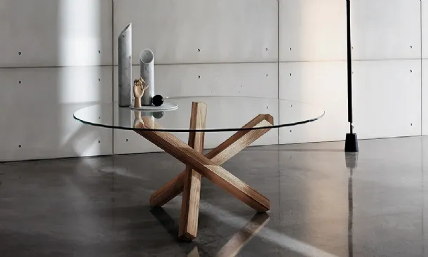 Round glass table with Aikido wooden base by Sovet