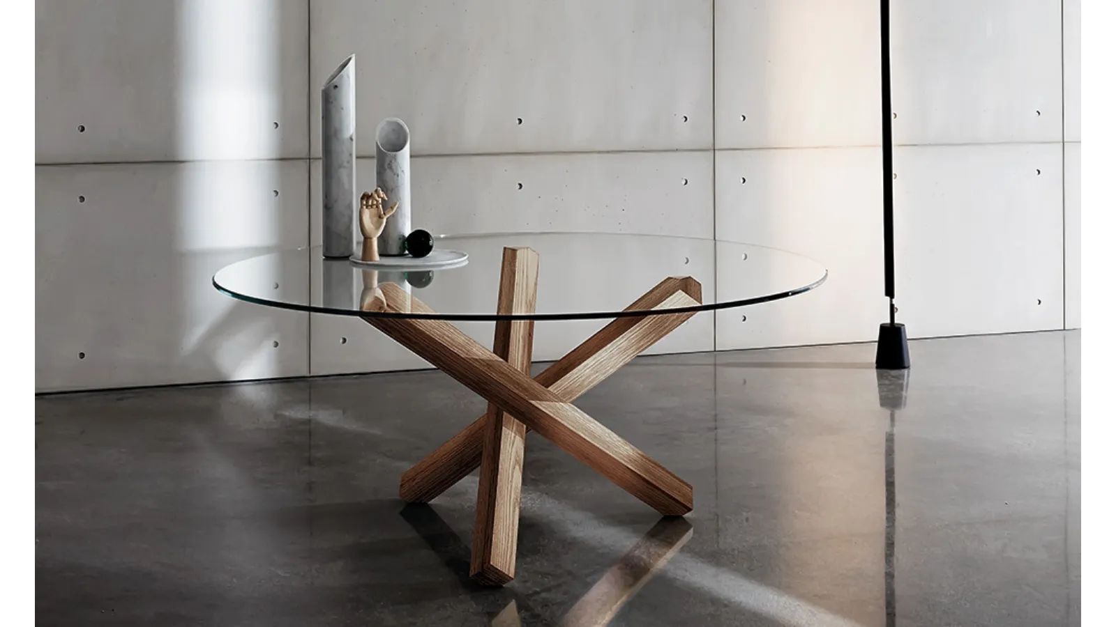 Round glass table with Aikido wooden base by Sovet