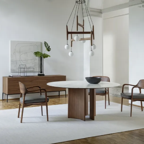 Round table with marble top and Canaletto walnut base Alan by Porada