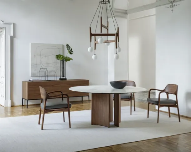 Round table with marble top and Canaletto walnut base Alan by Porada