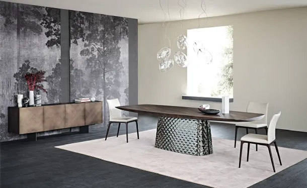 Table with mirrored glass base and Atrium Wood top by Cattelan Italia