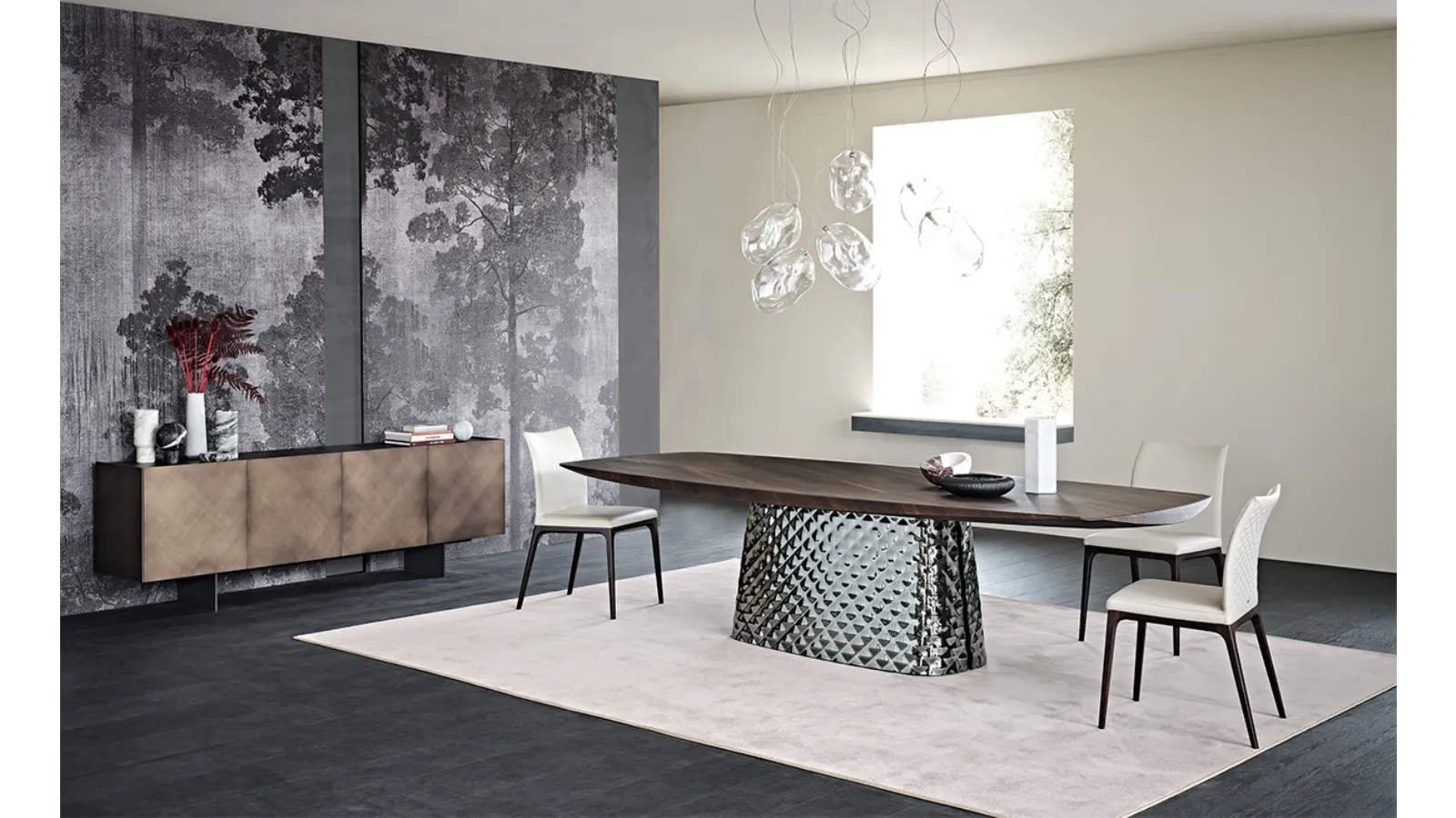 Table with mirrored glass base and Atrium Wood top by Cattelan Italia