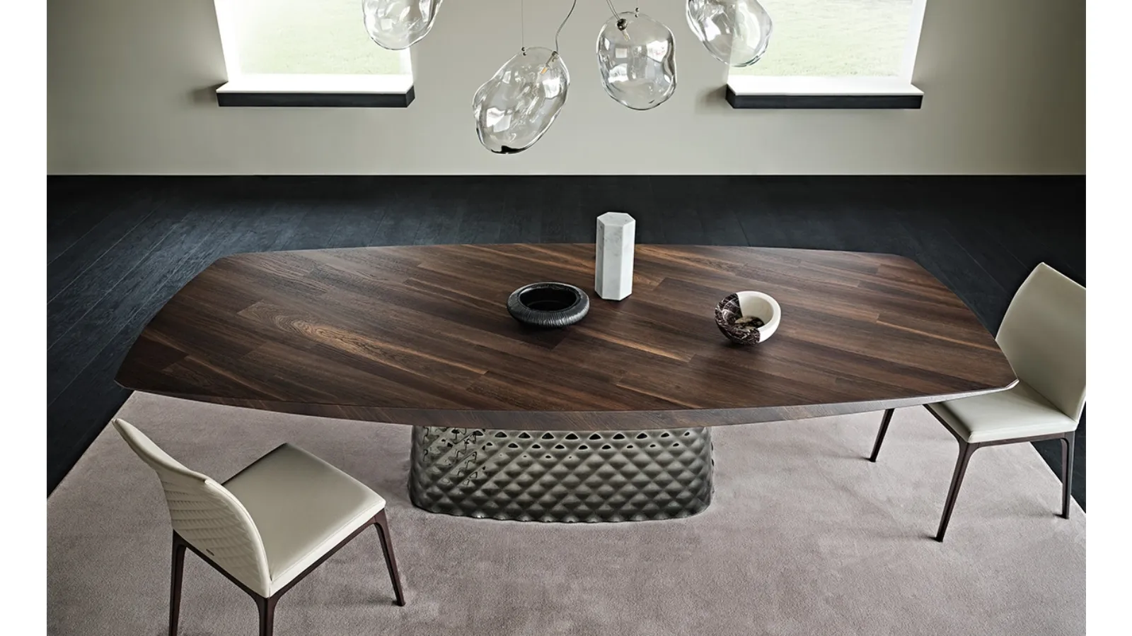 Table with mirrored glass base and Atrium Wood top by Cattelan Italia