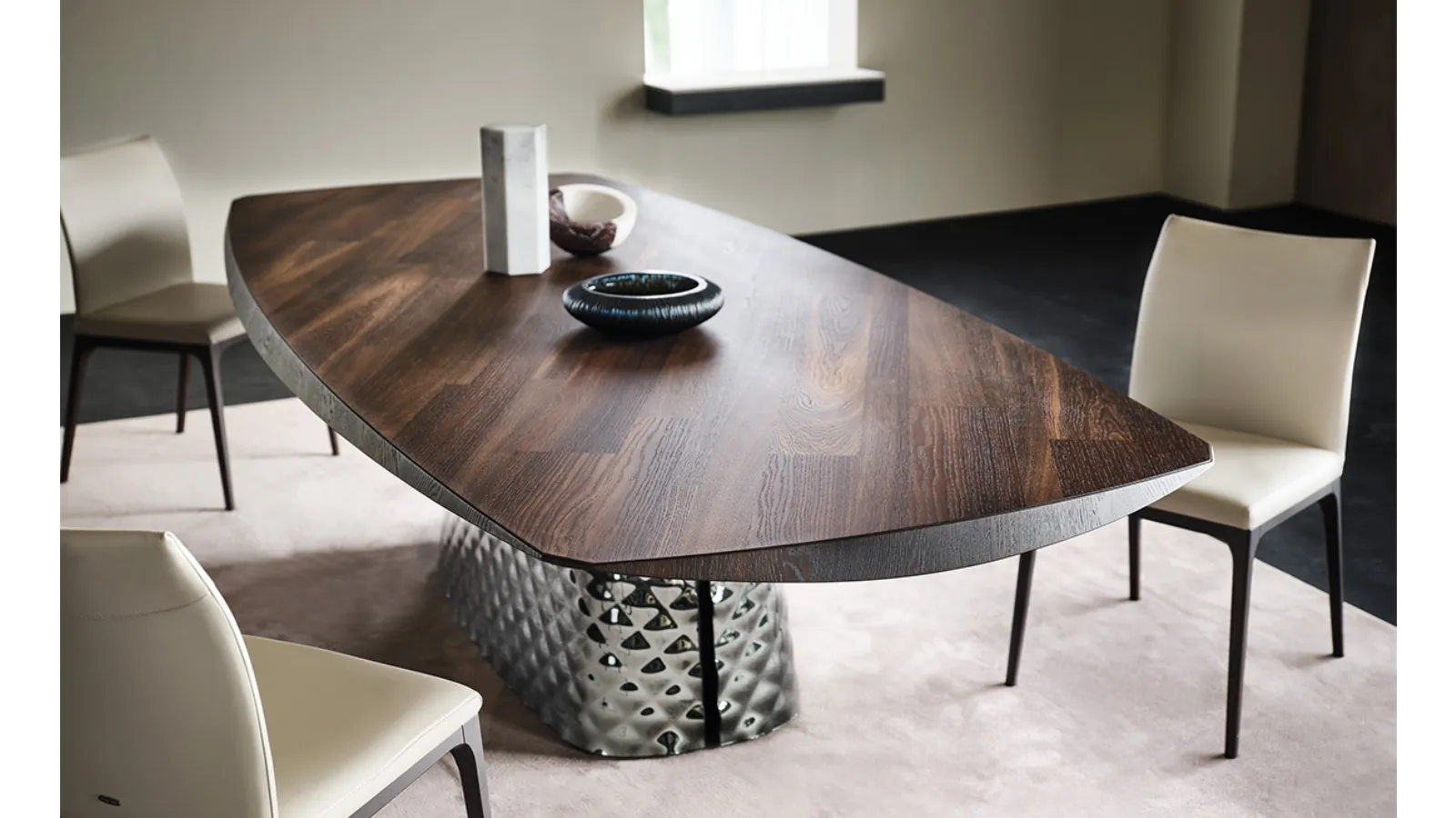 Table with mirrored glass base and Atrium Wood top by Cattelan Italia