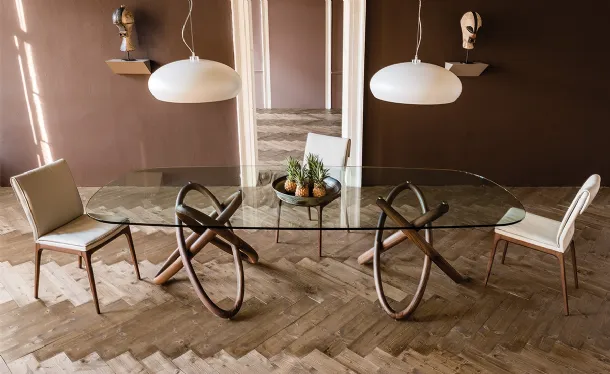 Table with glass top and Carioca wood support by Cattelan Italia