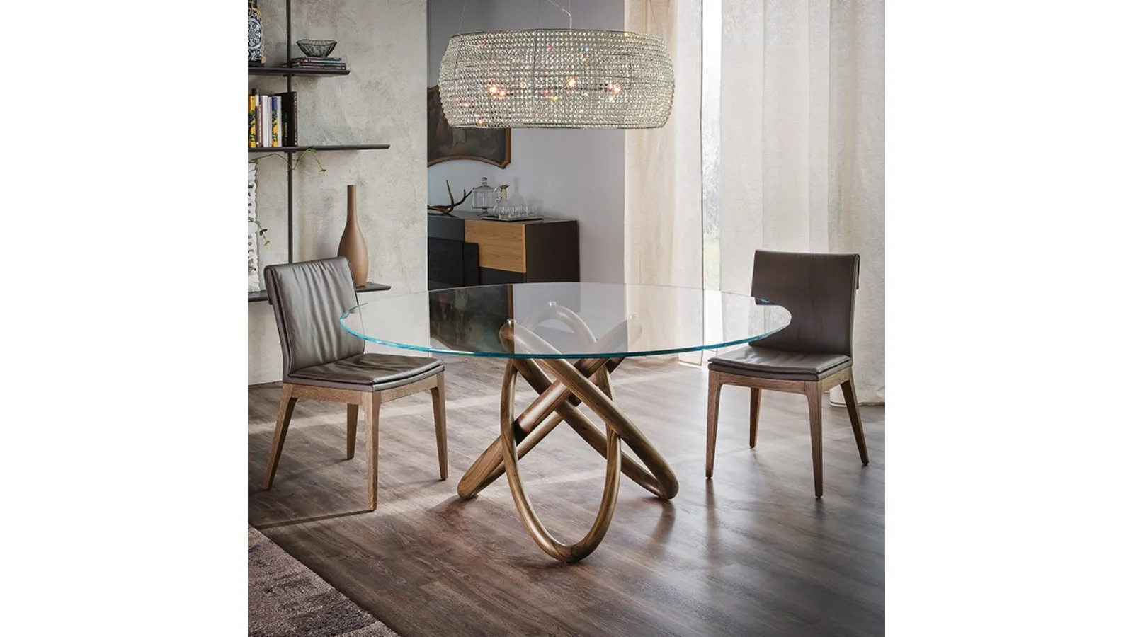 Table with round glass top and Carioca wood support by Cattelan Italia