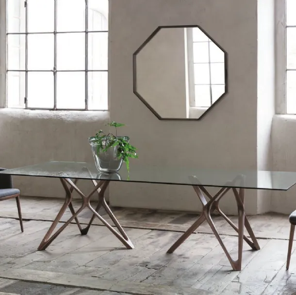 Rectangular glass table with a solid wood base Circe by Porada
