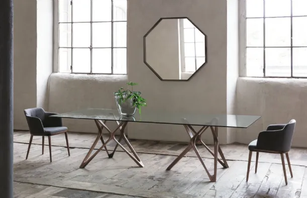 Rectangular glass table with a solid wood base Circe by Porada