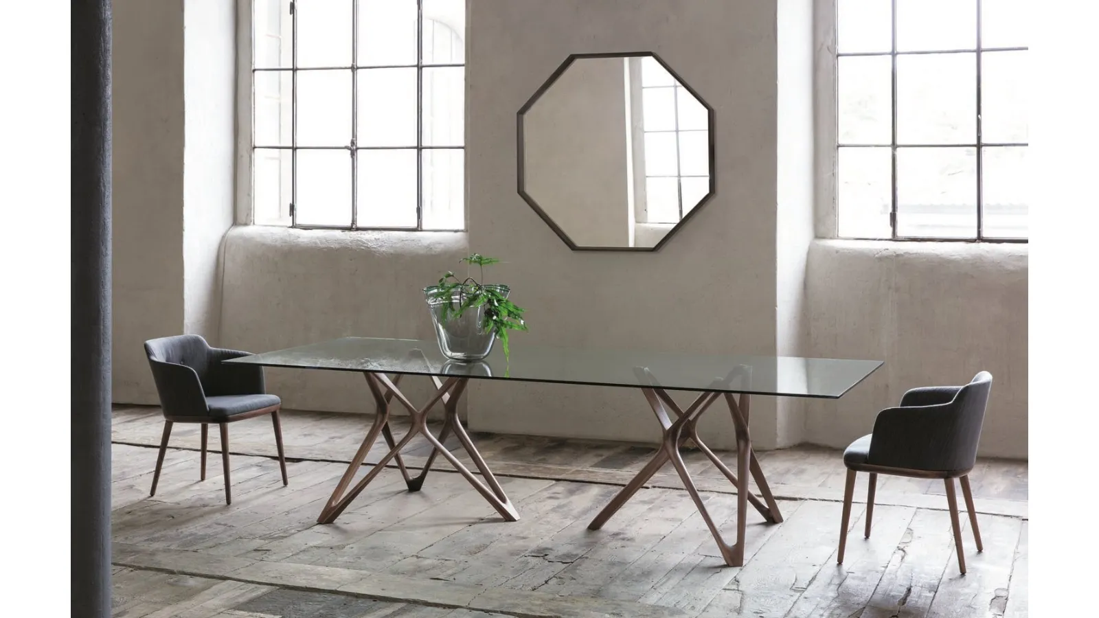 Rectangular glass table with a solid wood base Circe by Porada
