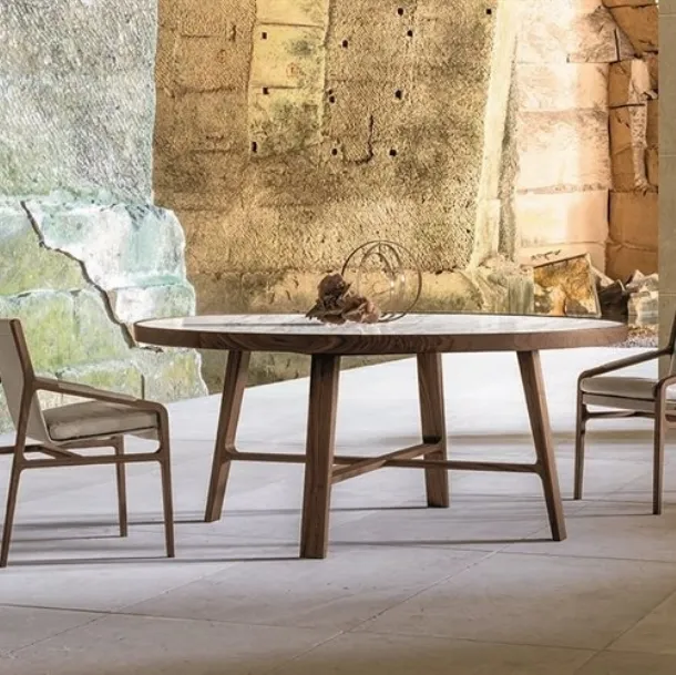 Round table with marble top and Compass wood structure by Alivar