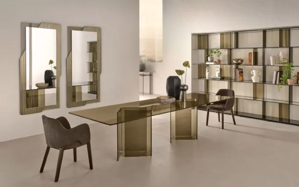Corner Table with Glass Top and Curved Glass Bases by Fiam
