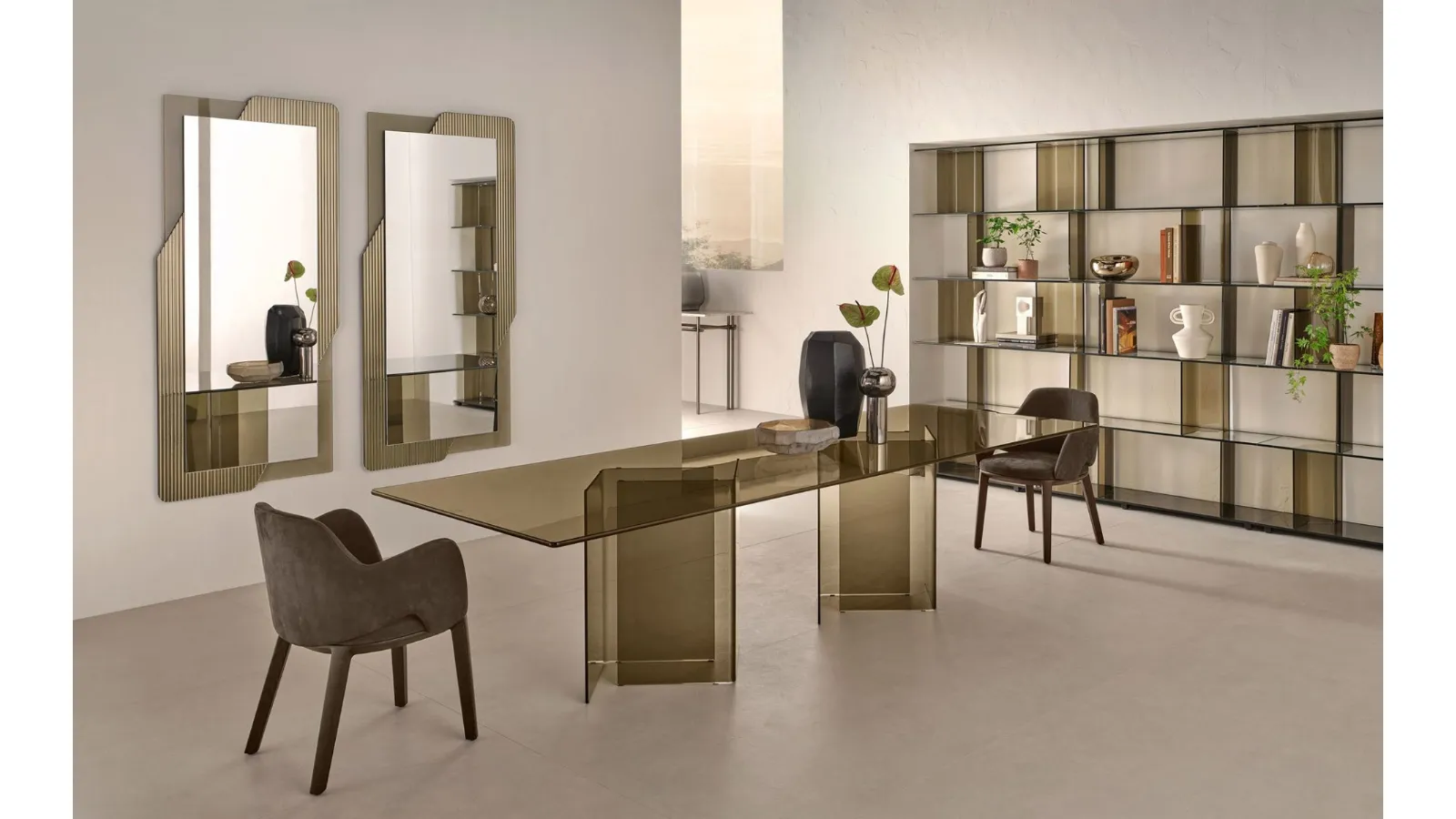 Corner Table with Glass Top and Curved Glass Bases by Fiam