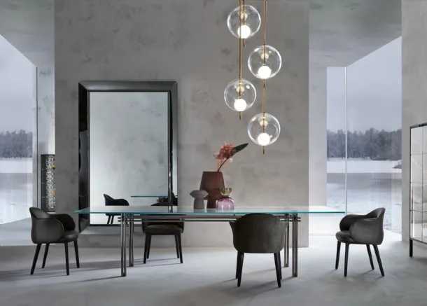 Cristaline Table with transparent glass top and metal base by Fiam