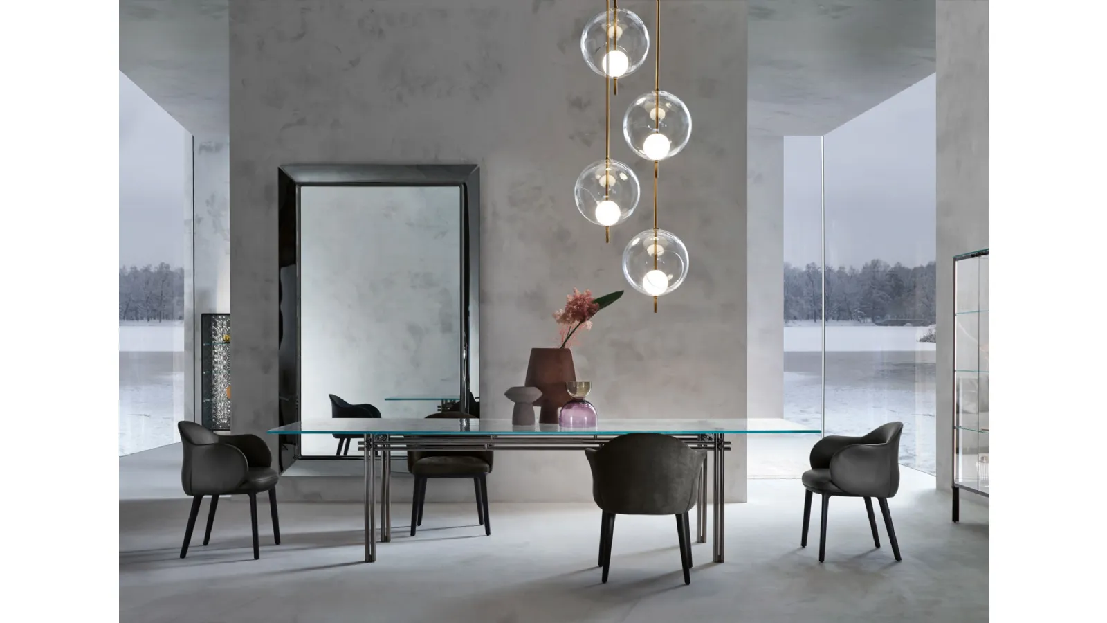 Cristaline Table with transparent glass top and metal base by Fiam