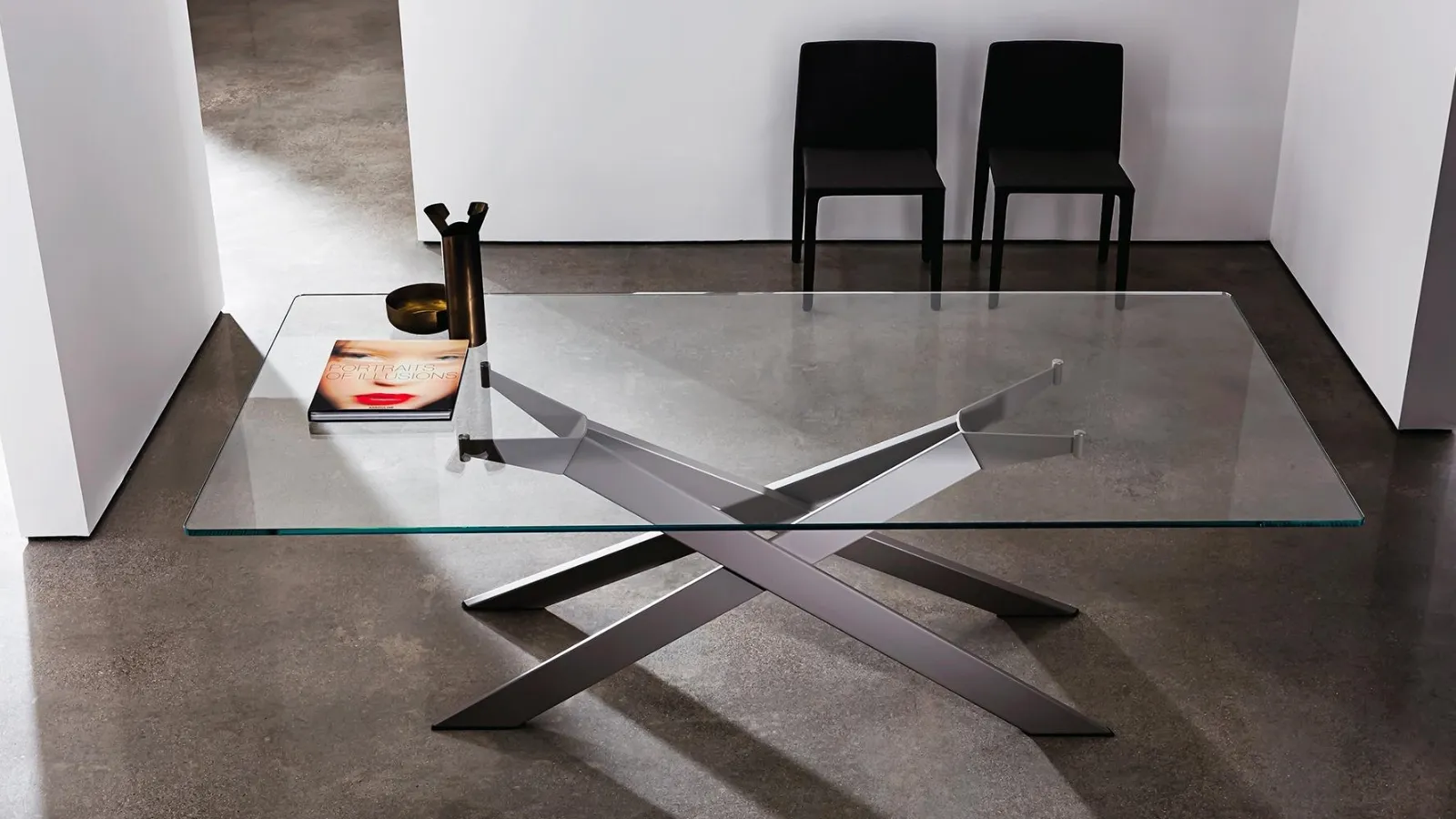 Cross Table with glass top and lacquered metal base by Sovet