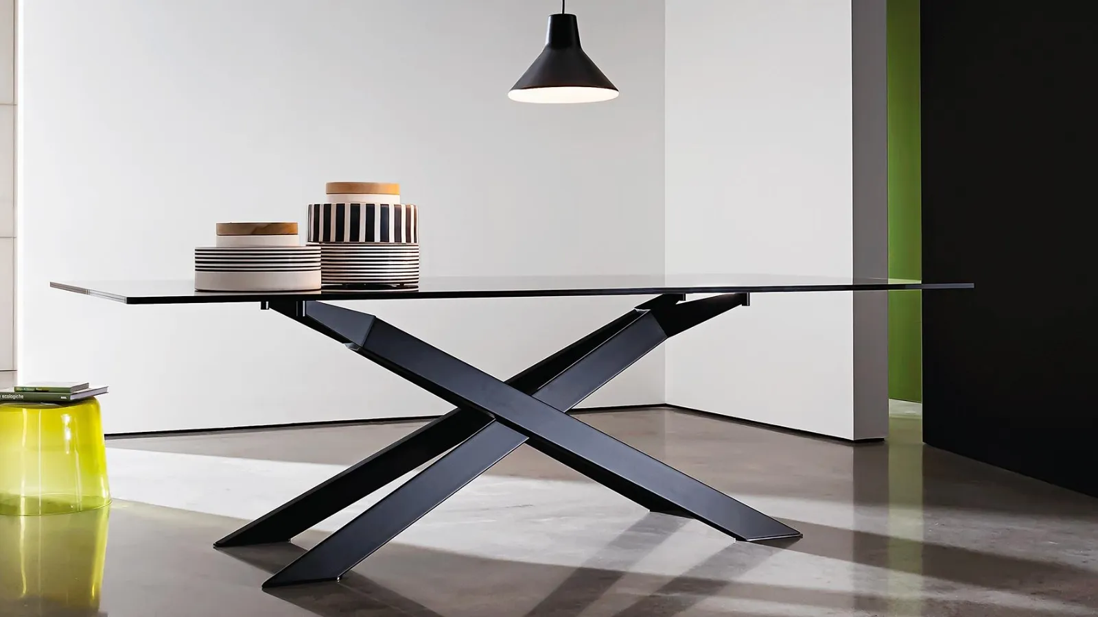 Cross Table with glass top and lacquered metal base by Sovet