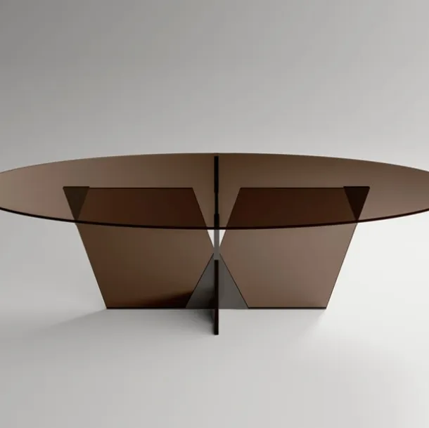 Round glass table with a pyramidal joint of the metal base Crossover by Tonelli