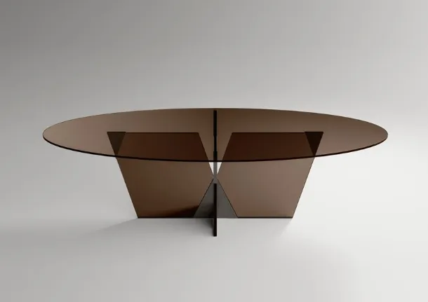 Round glass table with a pyramidal joint of the metal base Crossover by Tonelli