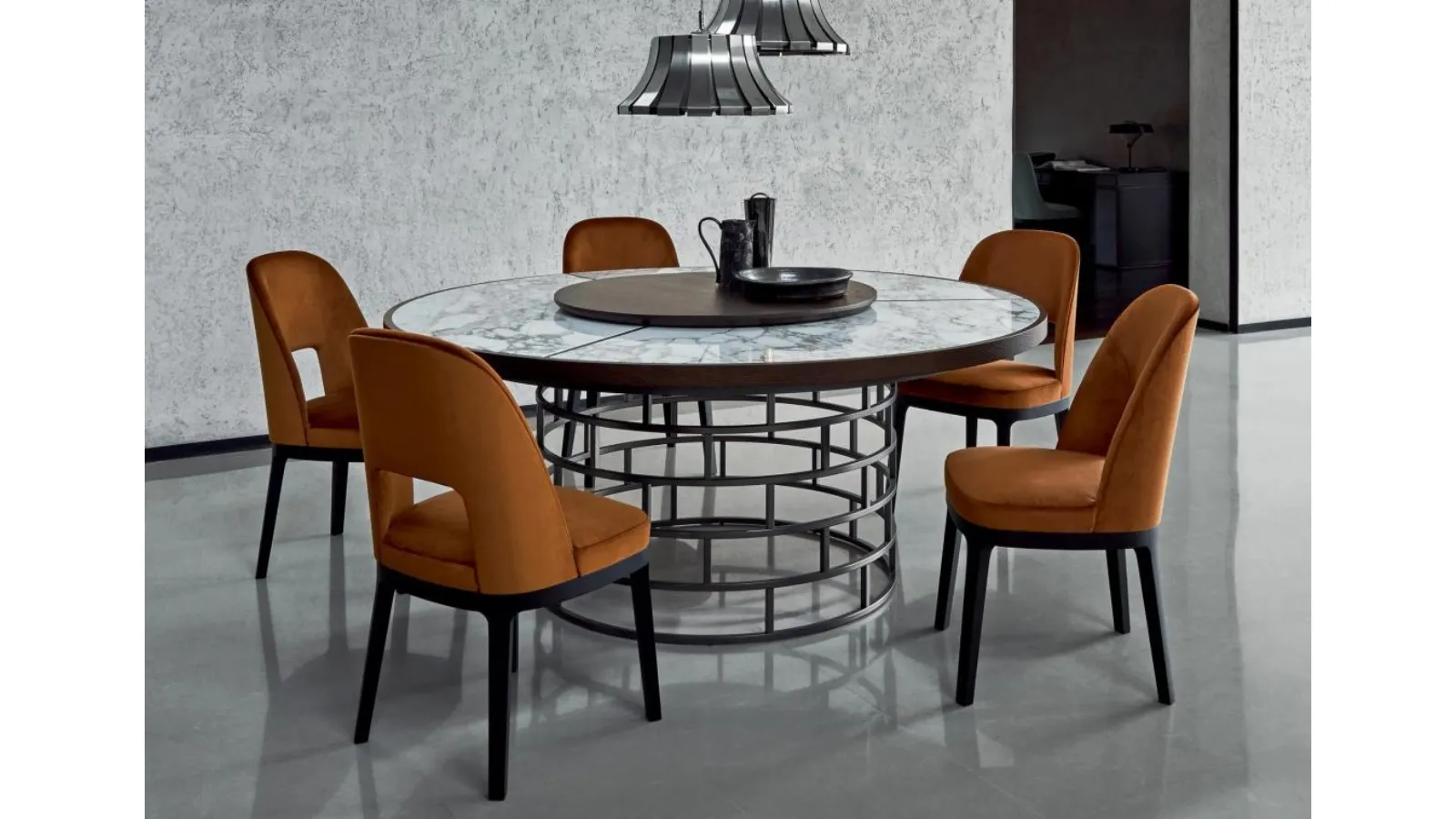 Round table with marble and Crown wood top by Flexform