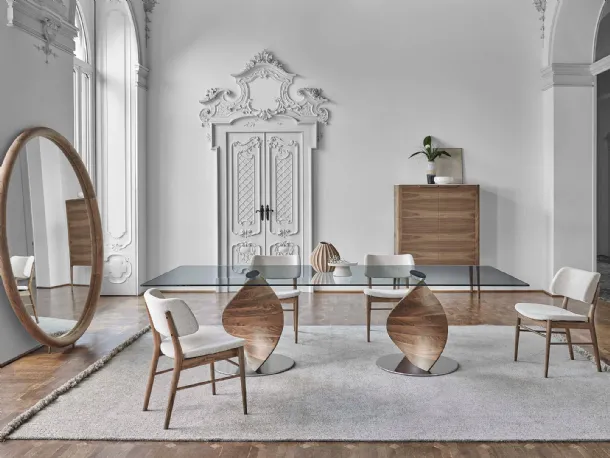 Glass table with Elika base in canaletto walnut by Porada