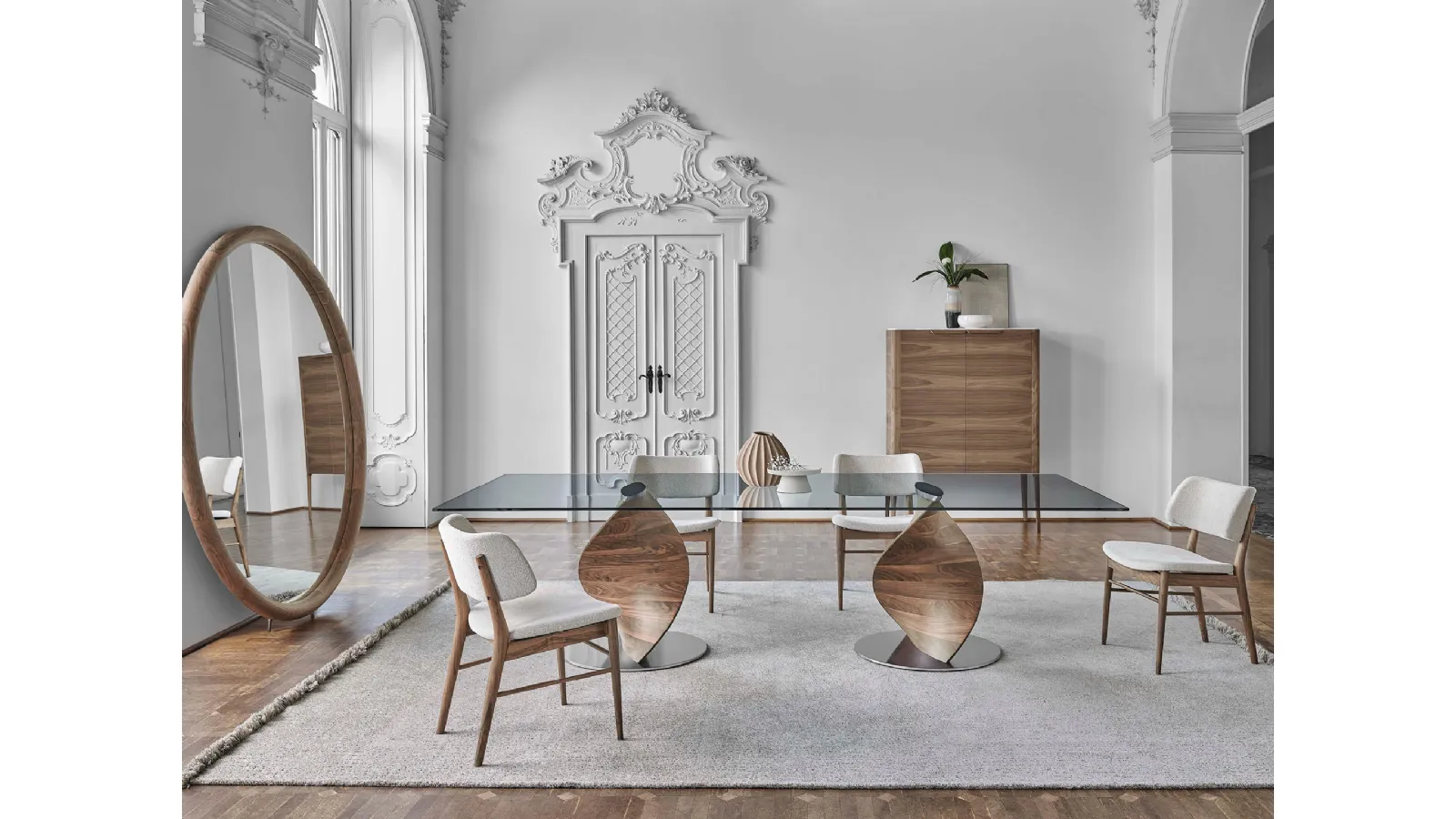 Glass table with Elika base in canaletto walnut by Porada