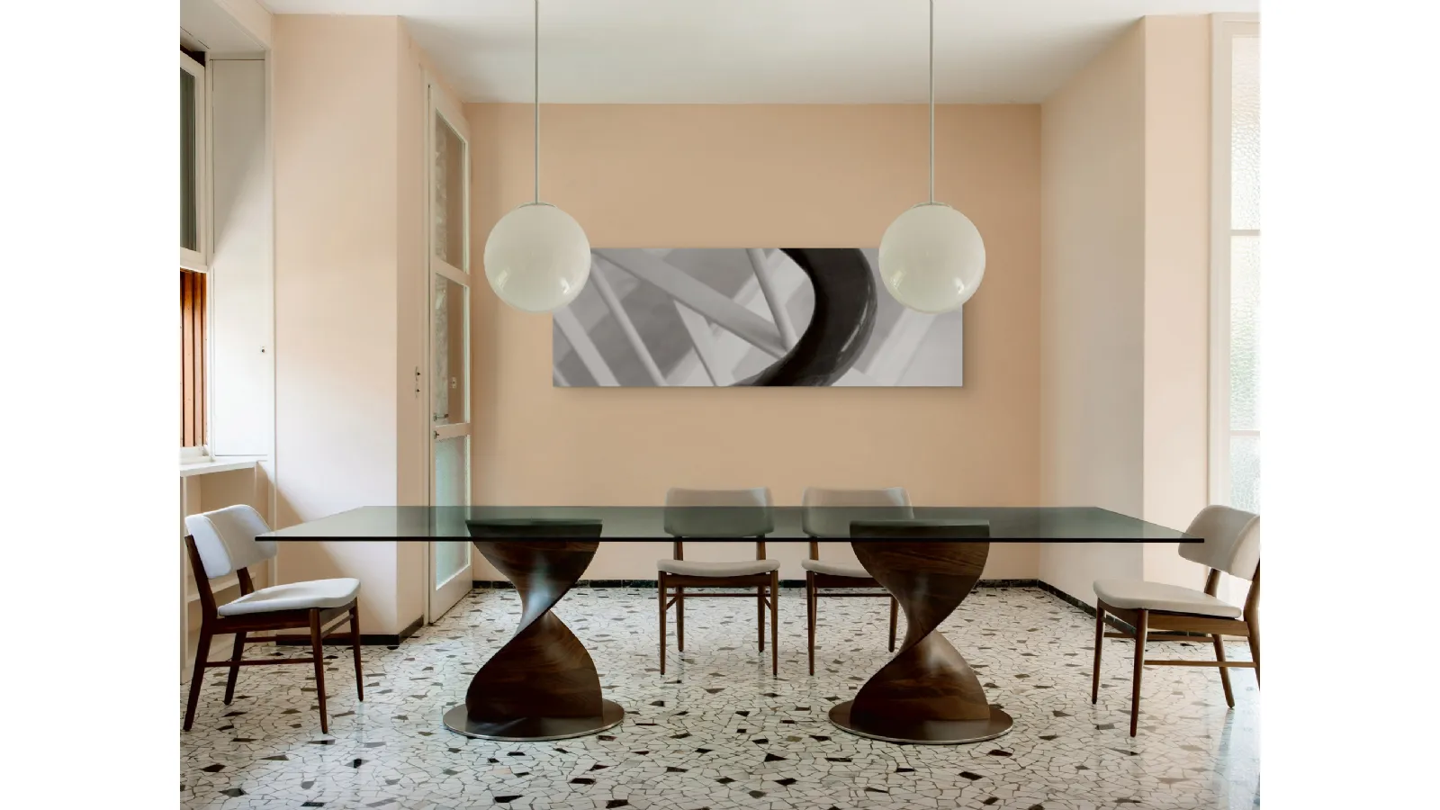 Glass table with Elika canaletto walnut base by Porada