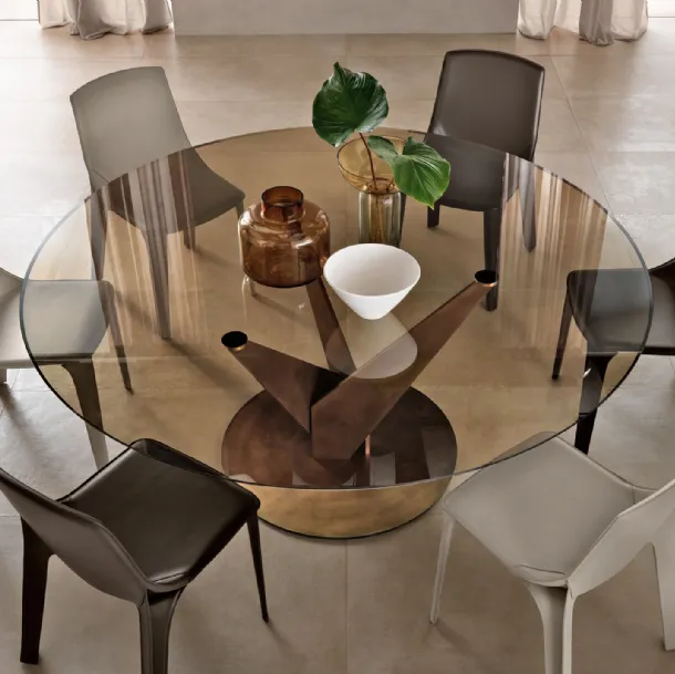 Epsylon round table with bronze glass top and metal base in antique brass finish by Fiam