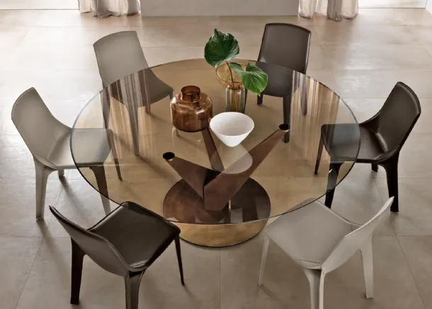 Epsylon round table with bronze glass top and metal base in antique brass finish by Fiam