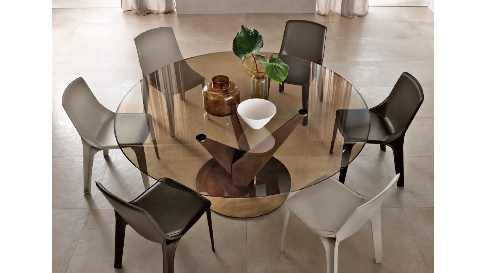 Epsylon round table with bronze glass top and metal base in antique brass finish by Fiam