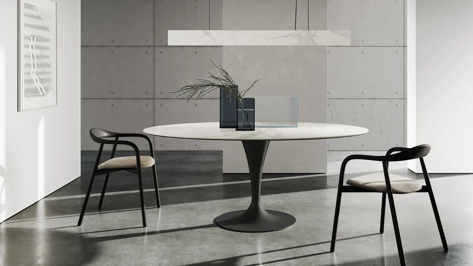 Flûte elliptical table with an elegant design and Sovet ceramic top
